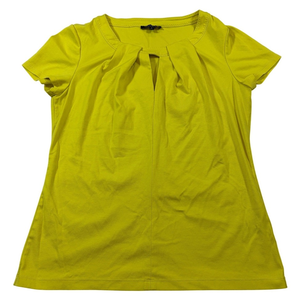Lafayette 148 New York Womens Chartreuse Yellow Pleated Keyhole Top Size Medium